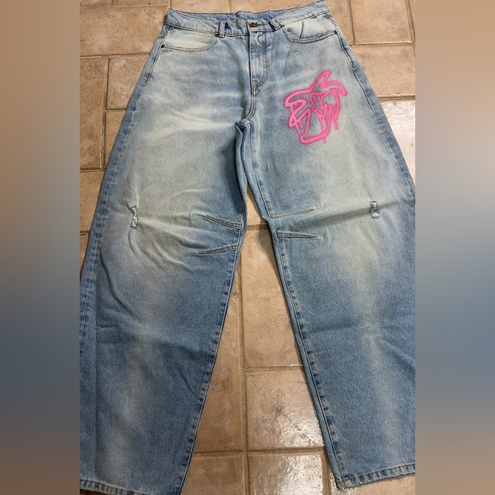 Palm Angels Light Blue Jeans with Pink Graphic